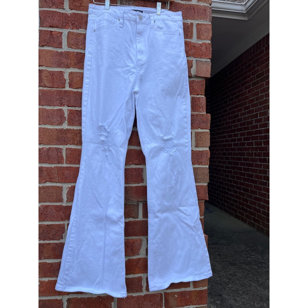 Fashion Nova Womens High Waisted Distressed Flare Leg White Denim Jeans Size 9